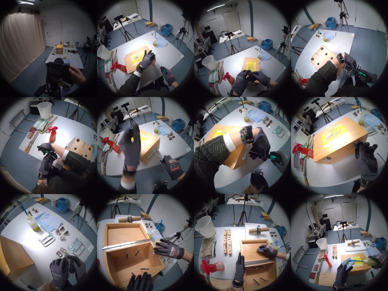 Zwölf Einzelbilder einer egozentrischen Aufnahme von Handarbeit, als Kontaktbogen gekachelt